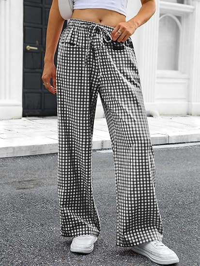 Damen Weit geschnittene Karohose mit elastischem Bund und praktischen Taschen Drune