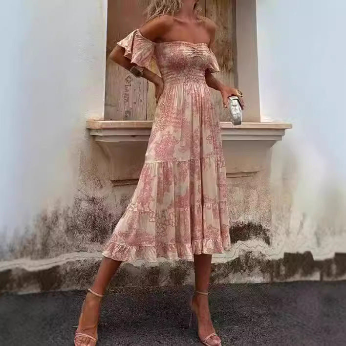 Damen Off-Shoulder Maxikleid mit Rüschendetails und elastischem Taillenband Drune