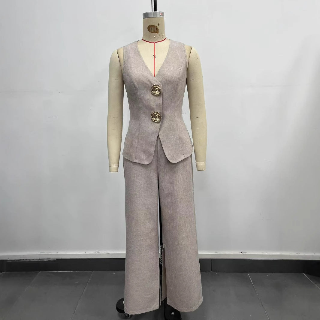 Damen elegantes Ensemble aus ärmellosem Blazer und weiten Hosen Drune