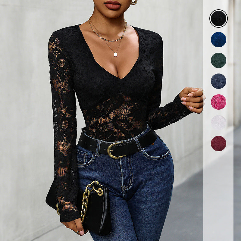 Damen Body mit Spitzenmuster und V-Ausschnitt Drune