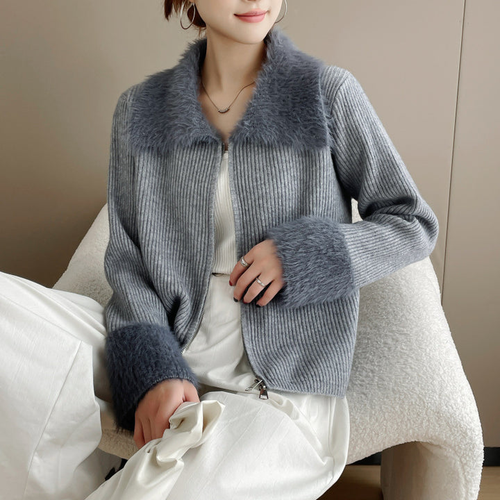 Damen Strickjacke mit luxuriösem Kunstfellkragen und Rippstruktur Drune