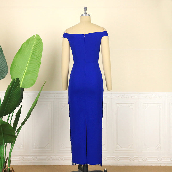 Damen glamouröses Abendkleid mit schulterfreien Rüschen und Fransen Drune