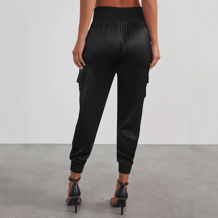 Damen Satin-Cargo-Hose mit elastischem Bund und praktischen Taschen Drune