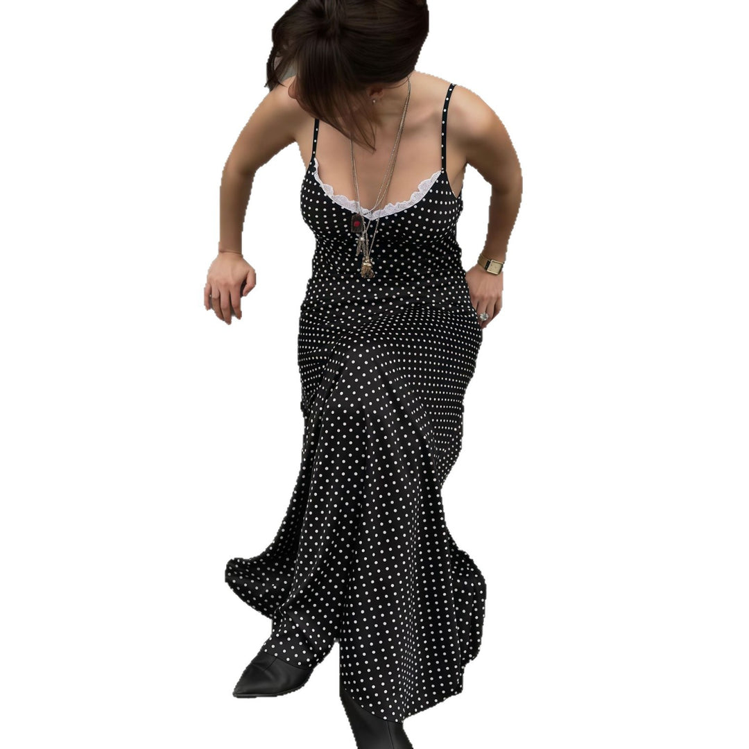 Damen Figurbetontes Polka-Dots Sommerkleid mit Spitzen-Ausschnitt Drune