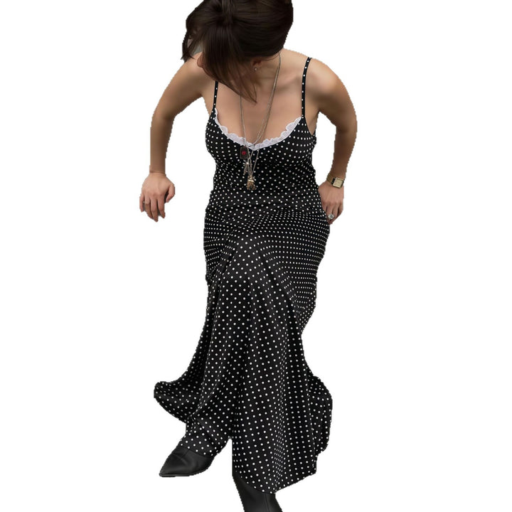 Damen Figurbetontes Polka-Dots Sommerkleid mit Spitzen-Ausschnitt Drune