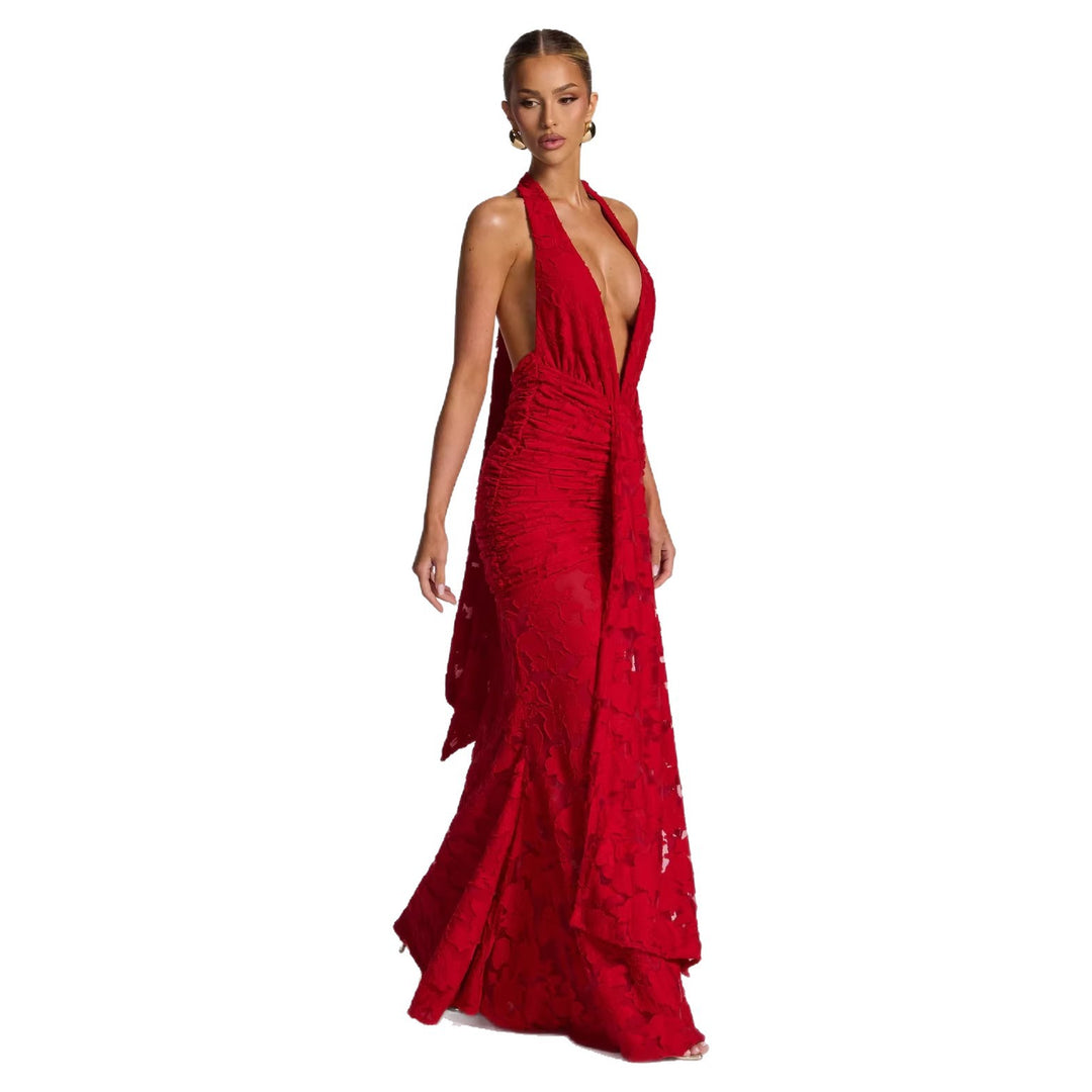 Damen Glamouröses Abendkleid mit tiefem V-Ausschnitt und geraffter Textur Drune