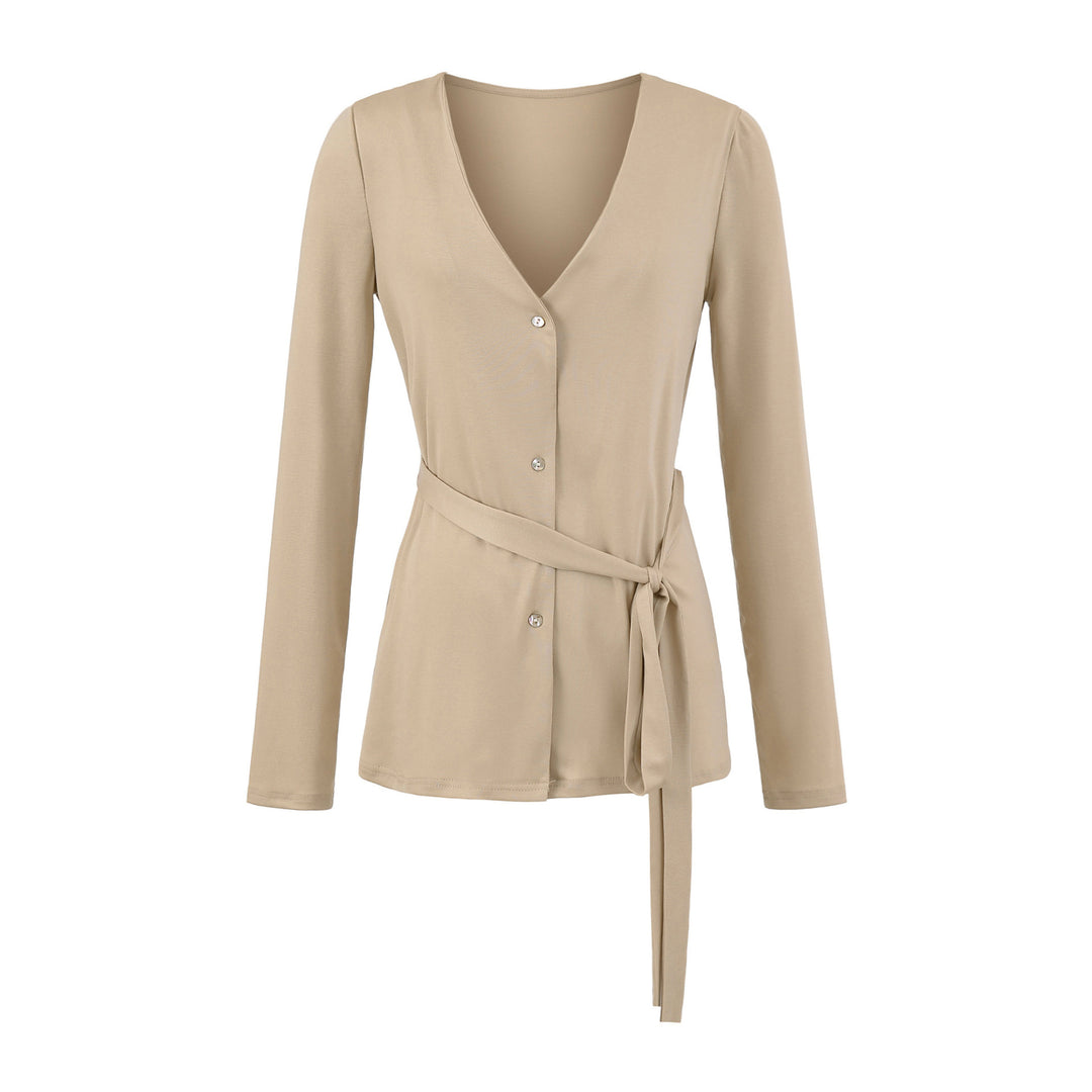 Damen elegante Strickjacke mit Taillengürtel und stilvollen Knopfdetails Drune