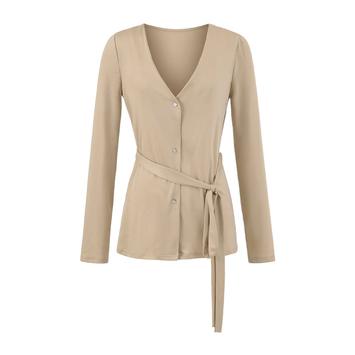Damen elegante Strickjacke mit Taillengürtel und stilvollen Knopfdetails Drune