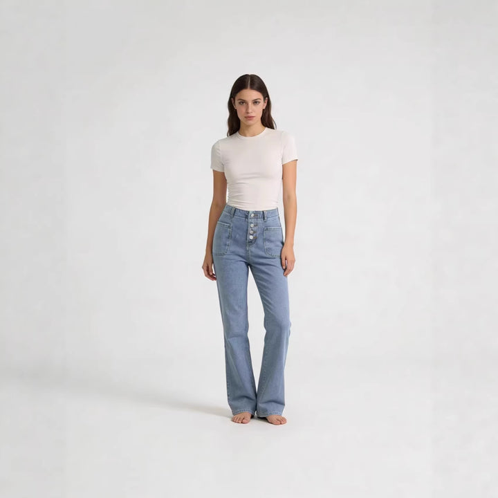 Damen Bootcut-Jeans mit hohem Bund und knöpfbarem Verschluss Drune