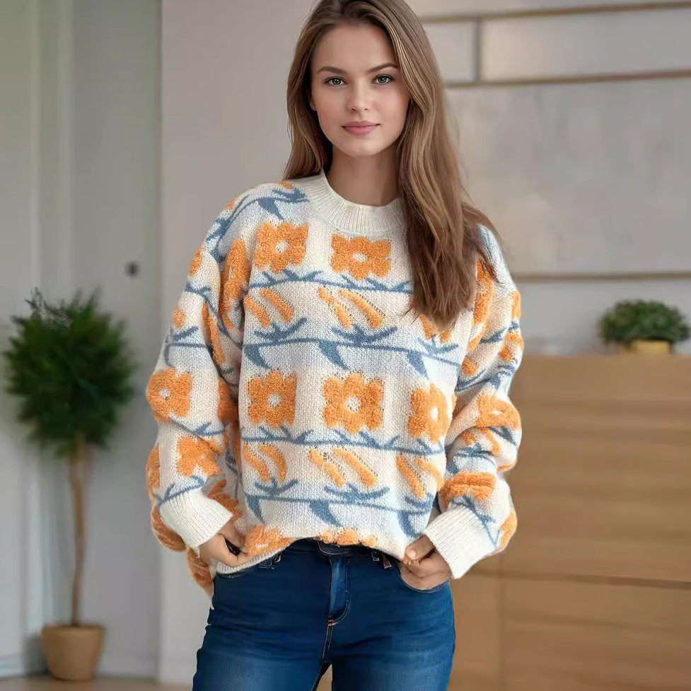 Damen Strickpullover mit floralem Muster und lässigem Schnitt Drune