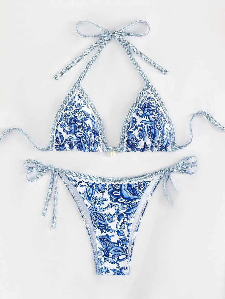 Damen Triangel-Bikini-Set mit verspieltem Blumenmuster und verstellbaren Bindebändern Drune