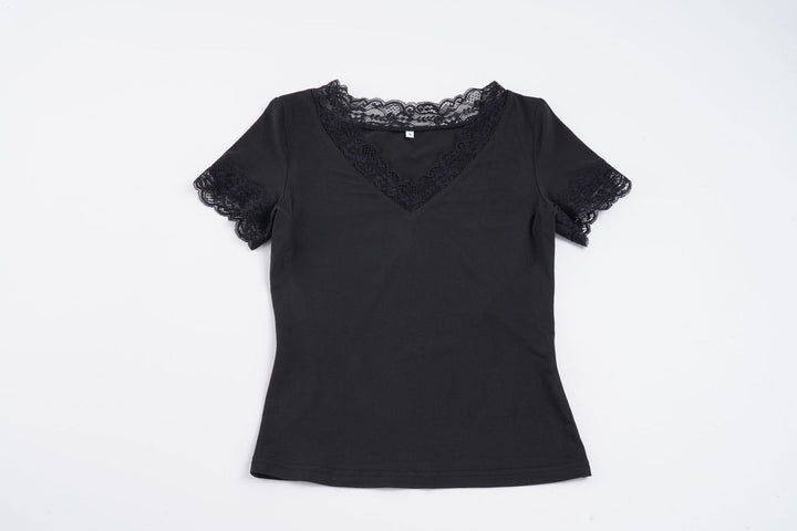 Damen Elegantes Spitzen-T-Shirt mit V-Ausschnitt und Kurzarm Drune
