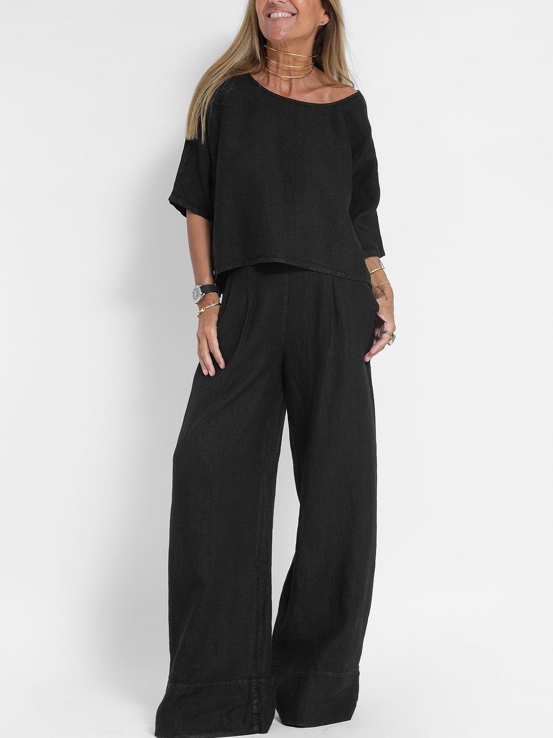 Damen lässiges Leinen-Set mit weitem Oberteil und palazzo Hosen Drune