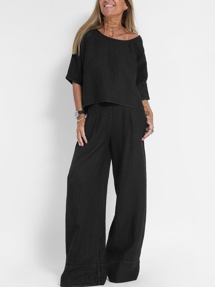Damen lässiges Leinen-Set mit weitem Oberteil und palazzo Hosen Drune