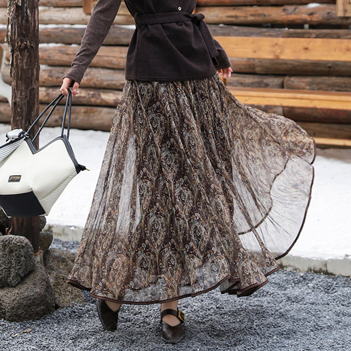 Damen nan voluminöser Chiffon-Tellerrock im Paisley-Motiv mit elastischem Taillenbund Drune