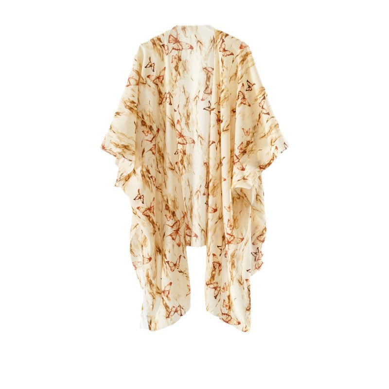 Damen eleganter Kimono mit kunstvollem floralem Muster und fransigen Kanten Drune