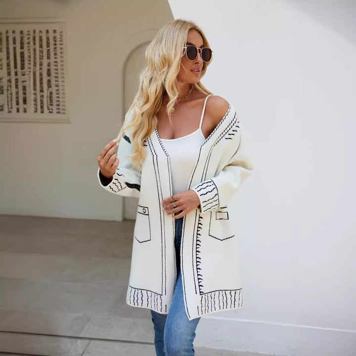 Damen Strickjacke mit modischem Muster und elegantem V-Ausschnitt Drune