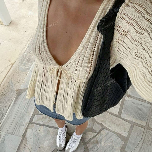 Damen luftige Strickjacke mit tiefem V-Ausschnitt und Bindeband Drune