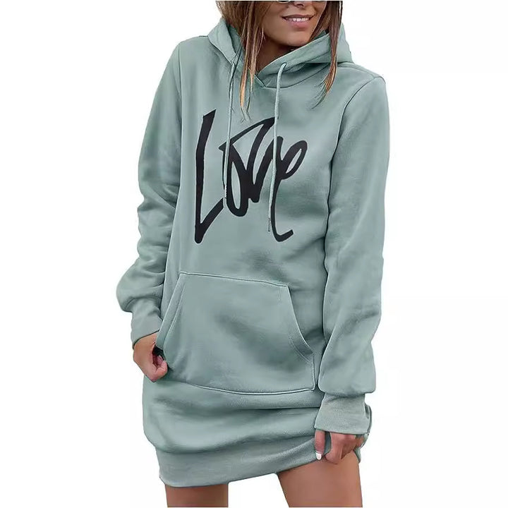 Damen Hoodie-Kleid mit Kängurutasche und auffälligem Schriftzug Drune
