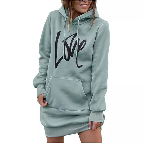 Damen Hoodie-Kleid mit Kängurutasche und auffälligem Schriftzug Drune