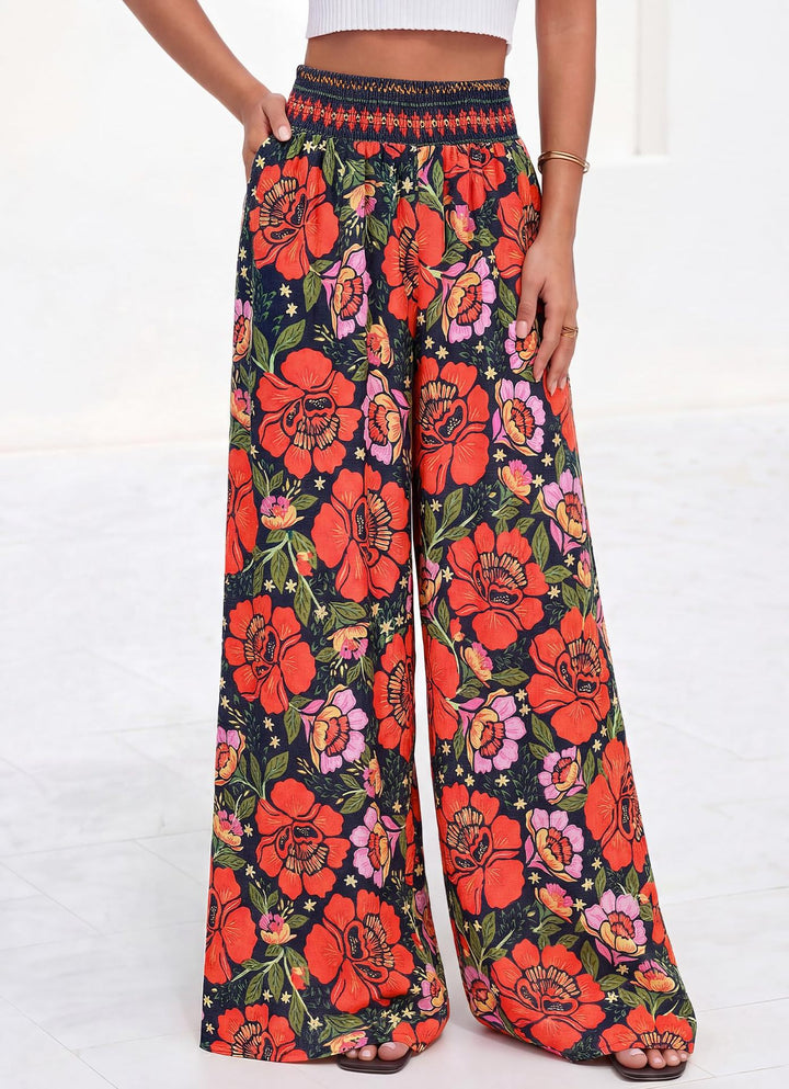 Damen luftige Palazzo-Hose mit floralen Mustern und elastischem Bund Drune