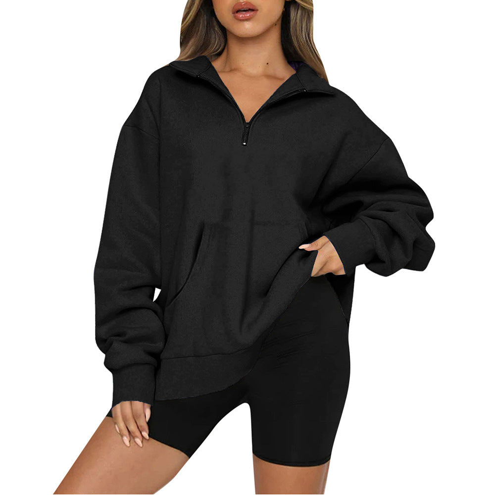 Damen Oversized Sweatshirt mit halbem Reißverschluss und Kapuze Drune