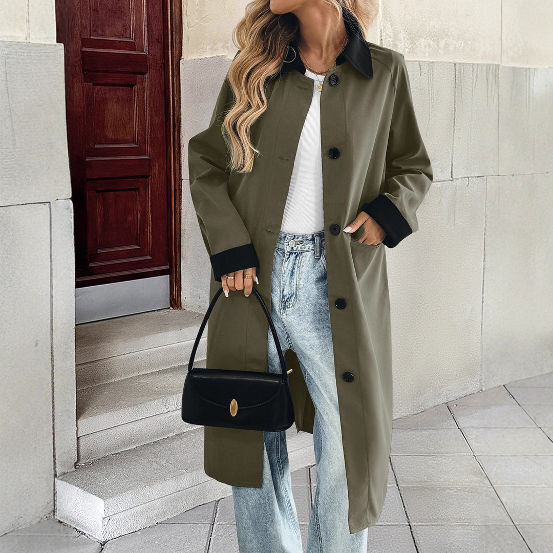 Damen lange Übergangsjacke mit dekorativem Kragen und praktischen Taschen Drune
