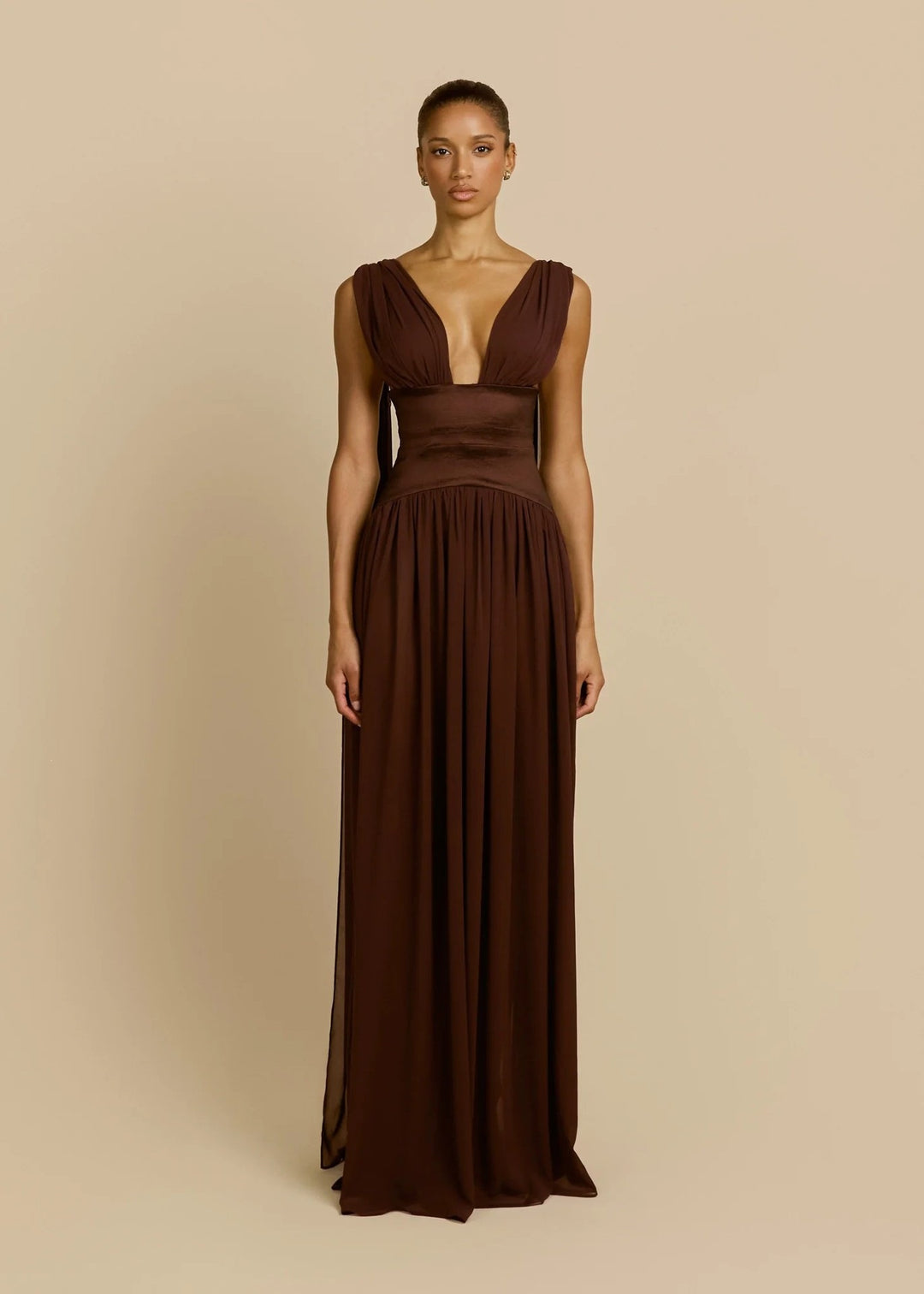 Damen Elegantes Langarm-Maxikleid mit tiefem V-Ausschnitt Drune