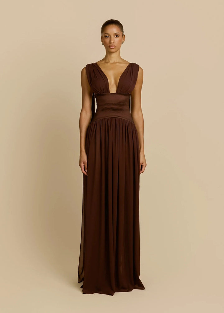 Damen Elegantes Langarm-Maxikleid mit tiefem V-Ausschnitt Drune