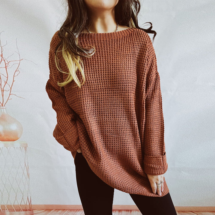 Damen lässiger Strickpullover mit weitem Schnitt und offenem Rückendesign Drune
