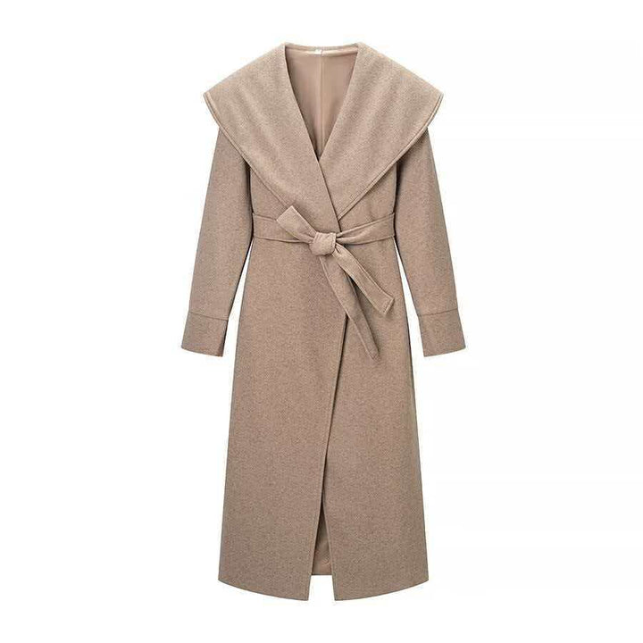Damen eleganter Mantel mit breitem Revers und Taillengürtel Drune