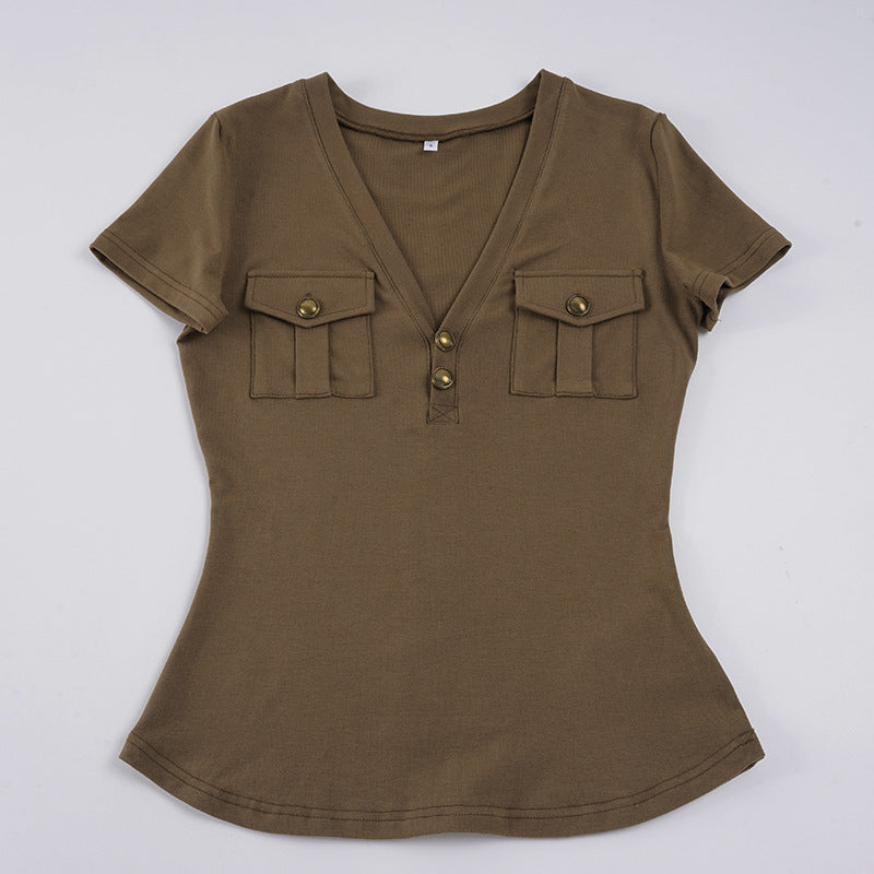 Damen Kurzarmshirt mit Knopfdetails und seitlichen Taschen Drune