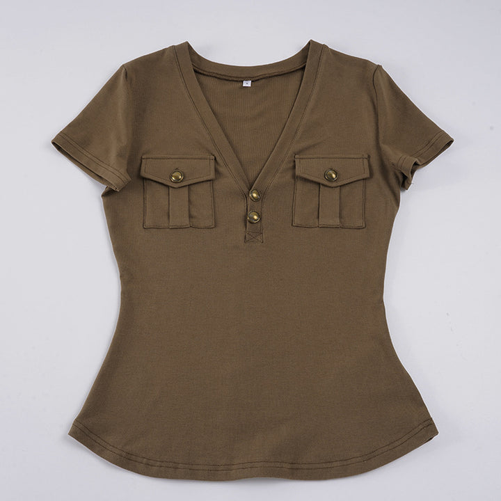 Damen Kurzarmshirt mit Knopfdetails und seitlichen Taschen Drune