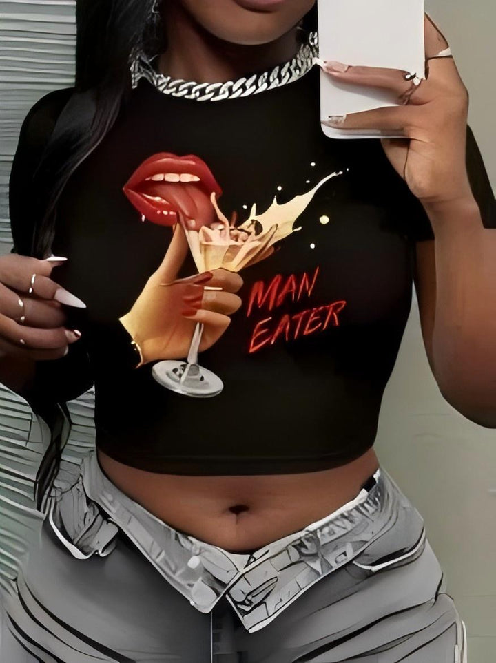 Damen Crop-Top mit künstlerischem Statement-Druck Drune