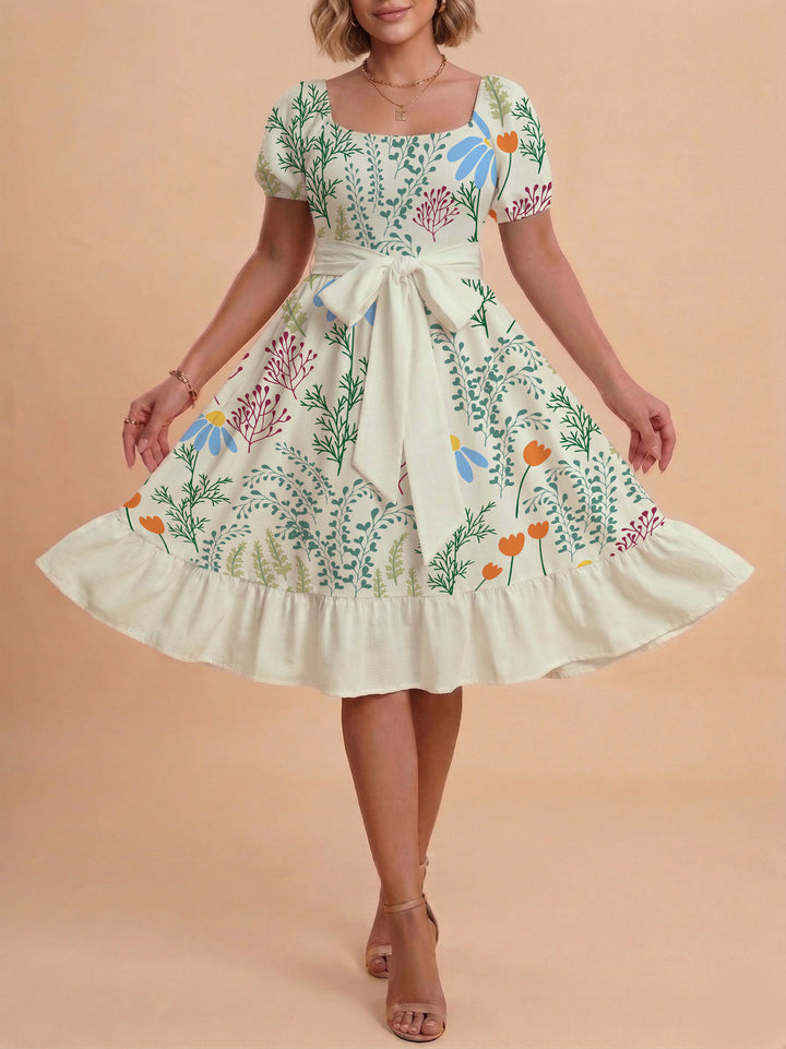 Damen modernes Blumenkleid mit elegantem Taillengürtel und asymmetrischem Saum Drune