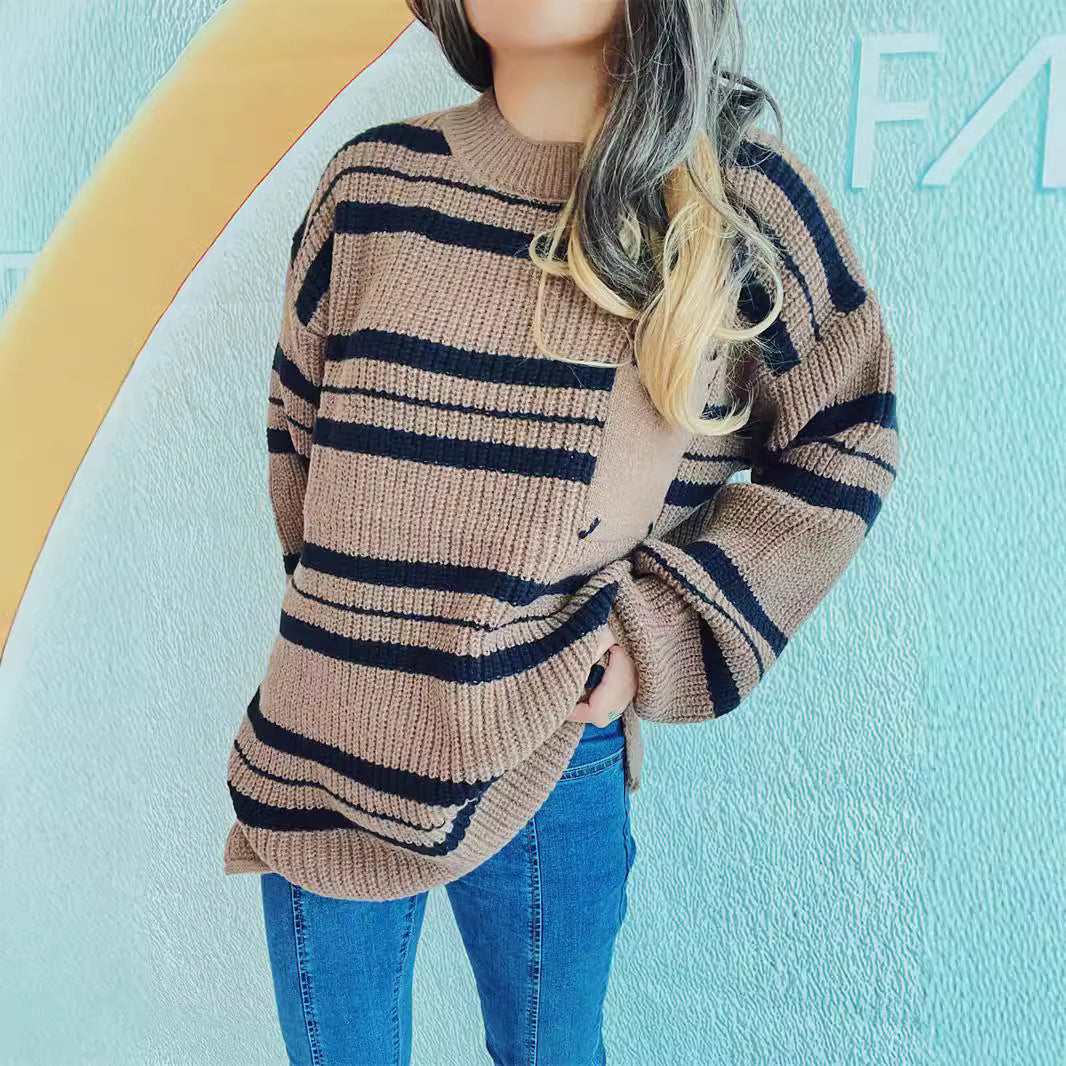 Damen lässiger Strickpullover mit modernem Streifenmuster Drune