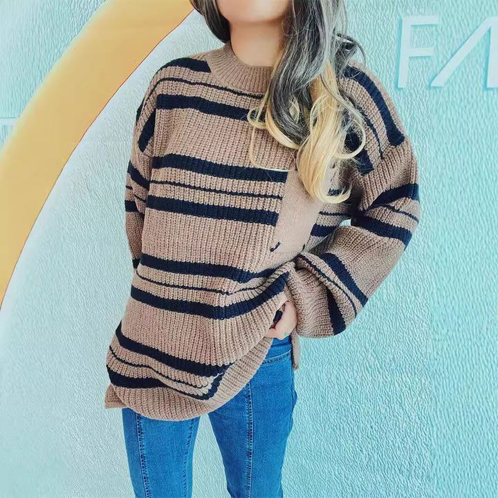 Damen lässiger Strickpullover mit modernem Streifenmuster Drune
