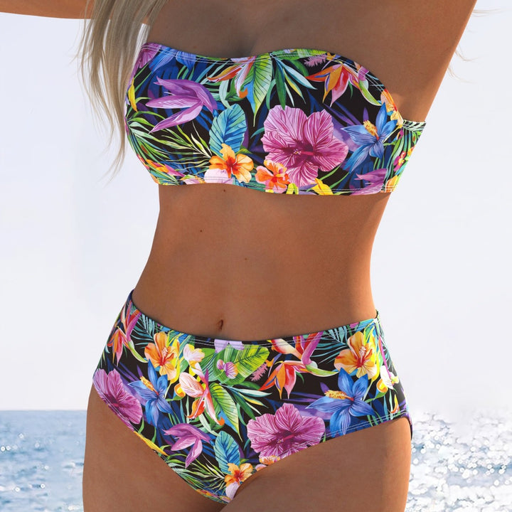 Damen Bandeau-Bikini mit hohem Taillenschnitt und buntem Tropenmotiv Drune
