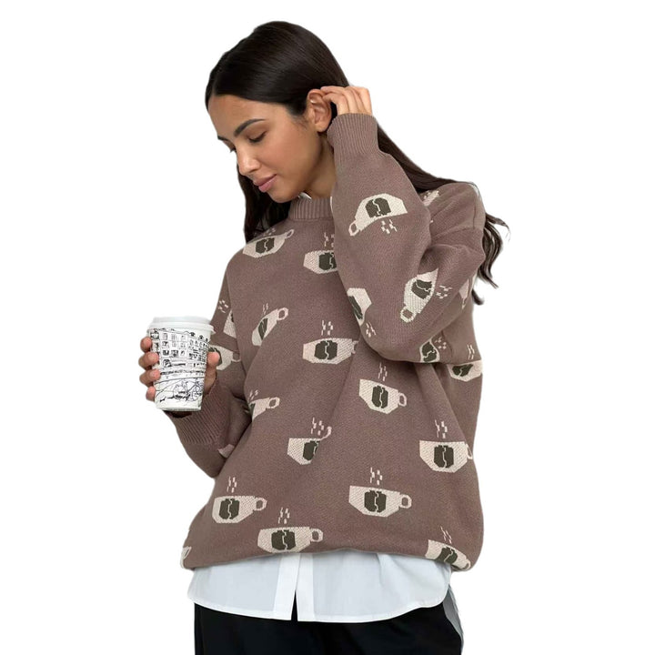 Damen Gemusterter Strickpullover mit Kaffeetassen-Motiv und angenehmem Sitz Drune