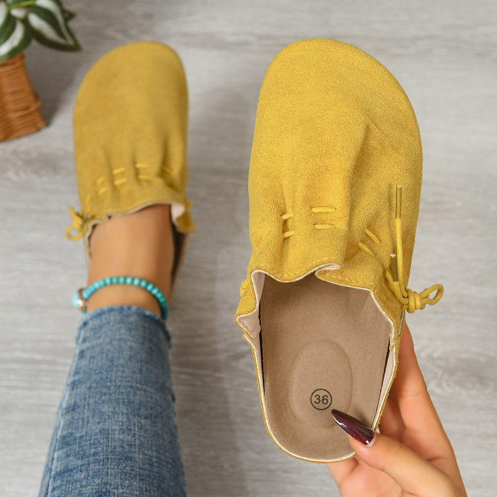 Damen nan gefütterte Velours-Pantolette mit Teddy-Innensohle, weicher Innensohle und dekorativer Schnürung Drune