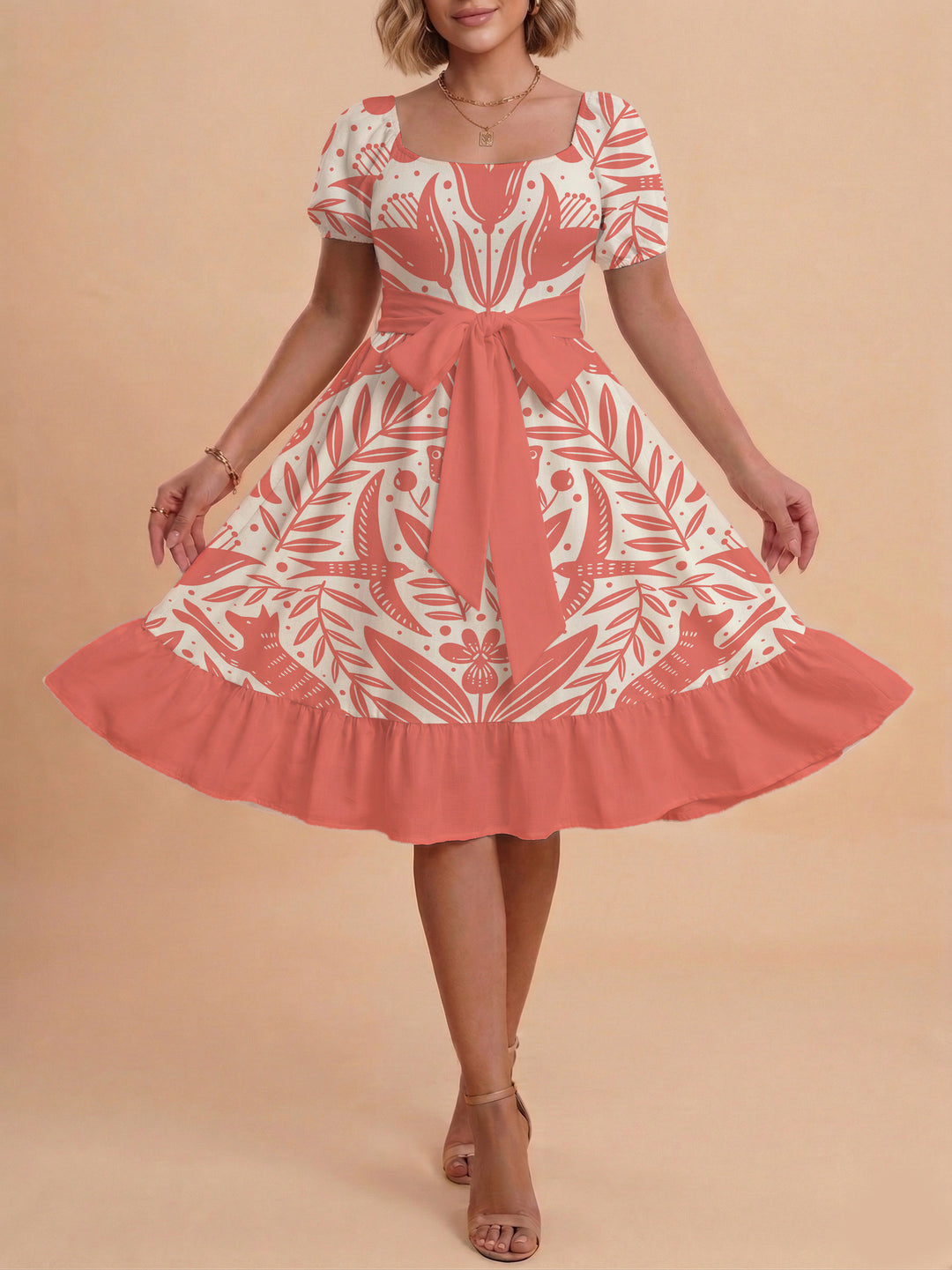 Damen Sommerkleid mit floralem Puffärmel und taillierbarem Gürtel Drune