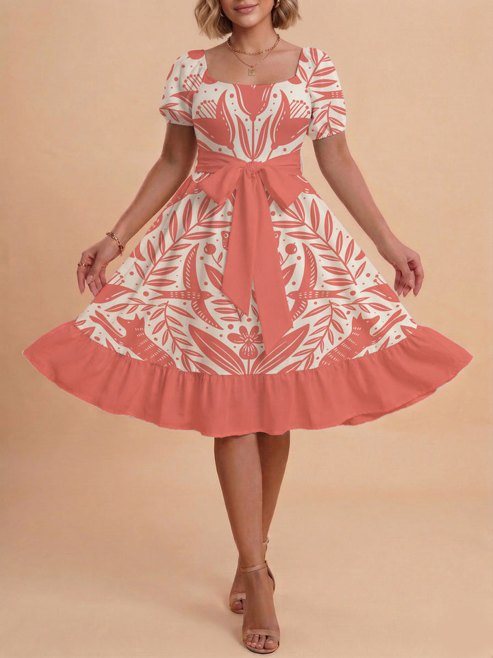 Damen Sommerkleid mit floralem Puffärmel und taillierbarem Gürtel Drune