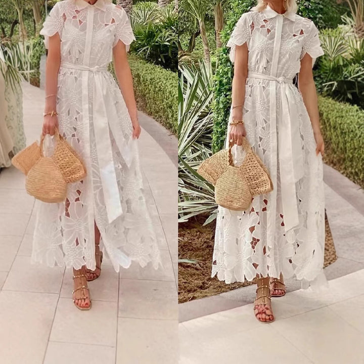 Damen nan langes Spitzenkleid mit Hemdblusenkragen, floraler ausgeschnittener Spitze und Bindegürtel Drune