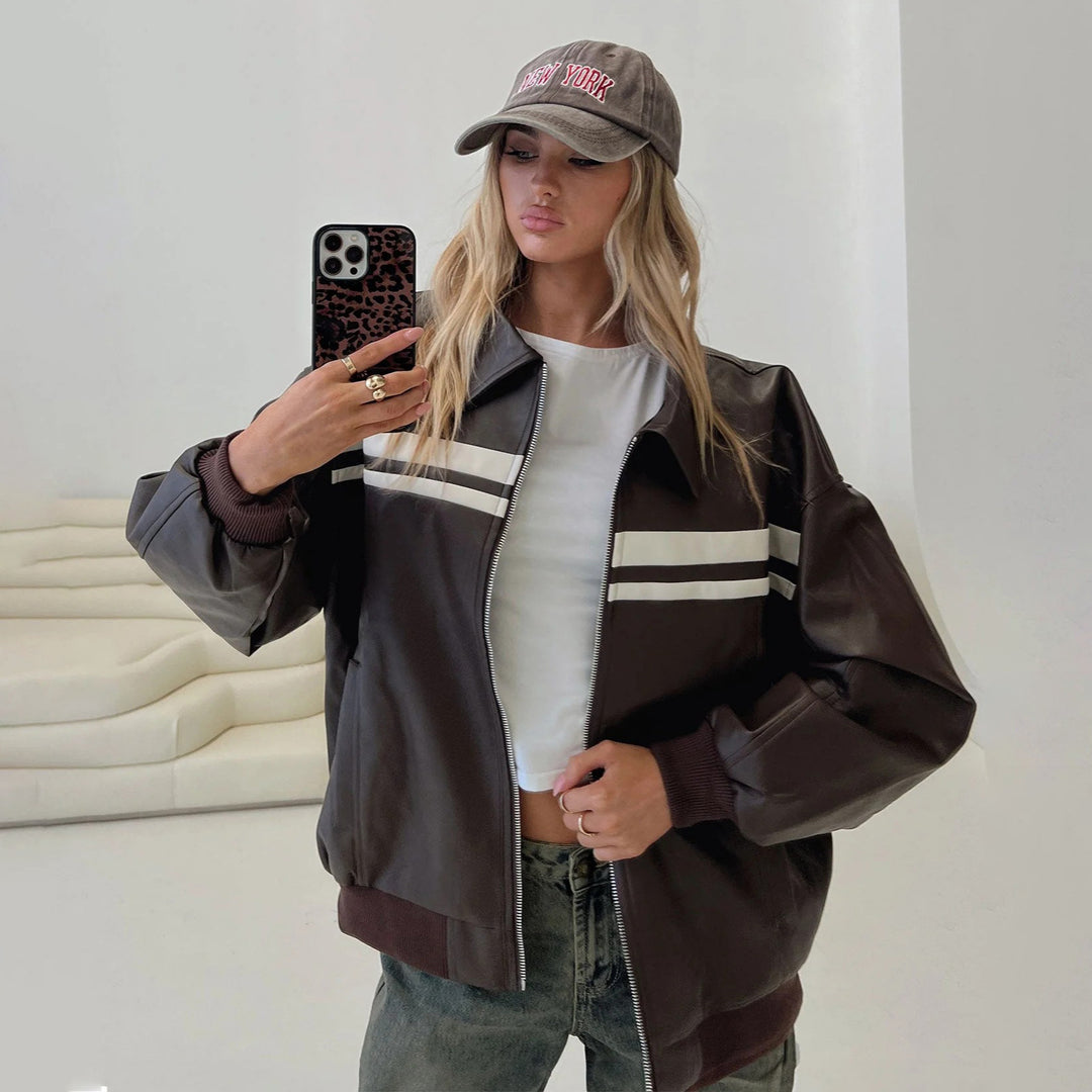 Damen modische Kunstlederjacke mit sportlichem Streifen-Design und lässigem Schnitt Drune