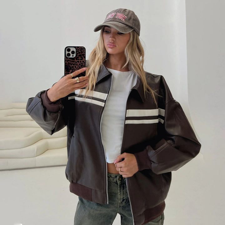 Damen modische Kunstlederjacke mit sportlichem Streifen-Design und lässigem Schnitt Drune