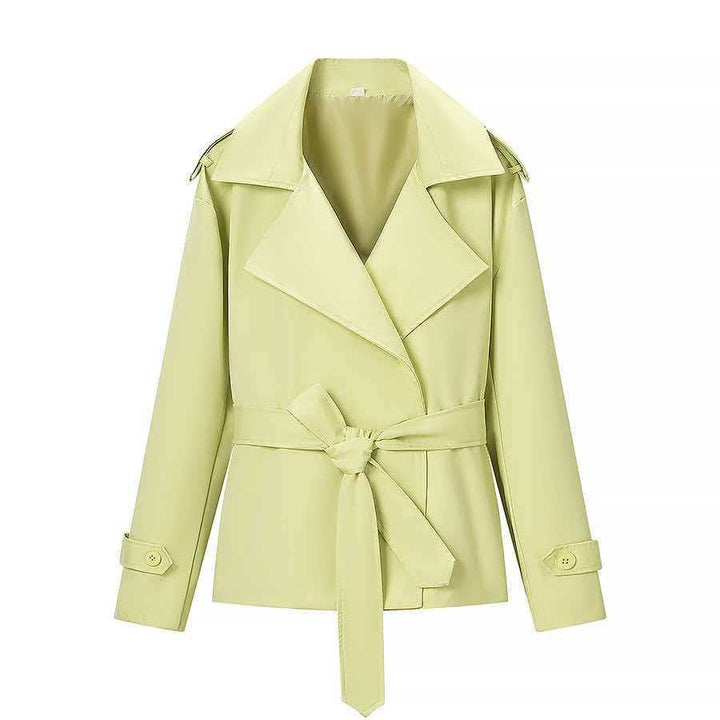 Damen nan kurze Trenchcoat Jacke mit Taillengürtel breitem Revers und dekorativen Schulterklappen Drune