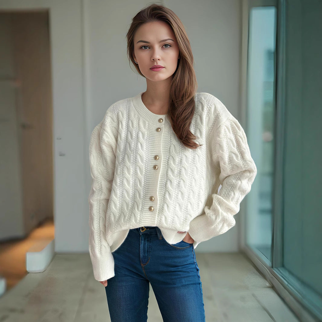 Damen Grobstrickjacke mit dekorativen Knöpfen und Kabelmuster Drune
