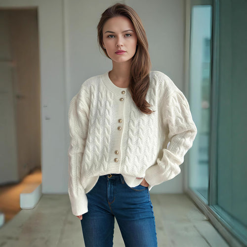 Damen Grobstrickjacke mit dekorativen Knöpfen und Kabelmuster Drune