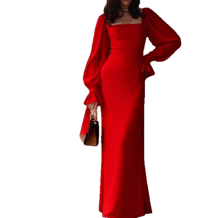 Damen elegantes Maxikleid mit Puffärmeln und quadratischem Ausschnitt Drune