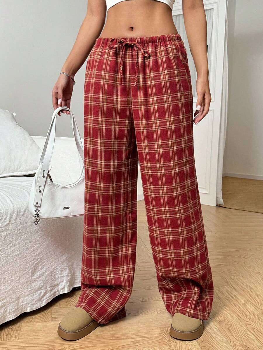 Damen lässige Karohose mit elastischem Bund und Kordelzug Drune
